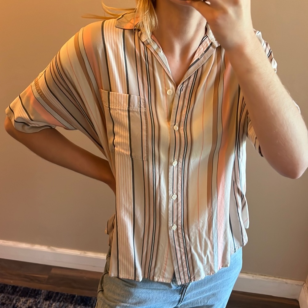 🧡Madewell peach and cream striped short sleeve bouncy blouse